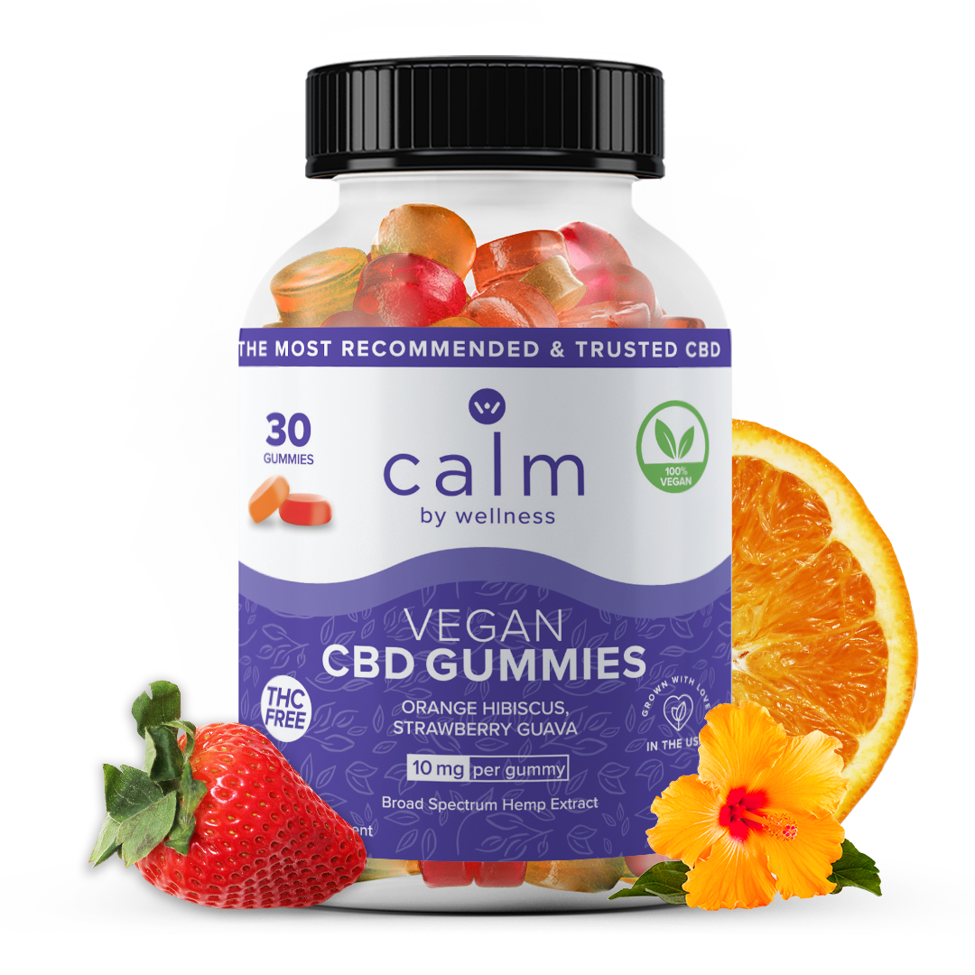 CBD Gummies Calm By Wellness Our CBD gummies are the perfect morning treat to keep you satisfied for the whole day. One in the morning and one at night is perfect for providing you with relief from pain or anxiety. Our gummies contain no THC at all and are perfectly formulated to give you a calm-stress free mind. There's a reason we have so many reviews claiming our gummies as the best CBD gummies in the world. Each gummy provides a perfect 10mg dose of our special CBD to help you kickstart the day and embark on your CALM journey.