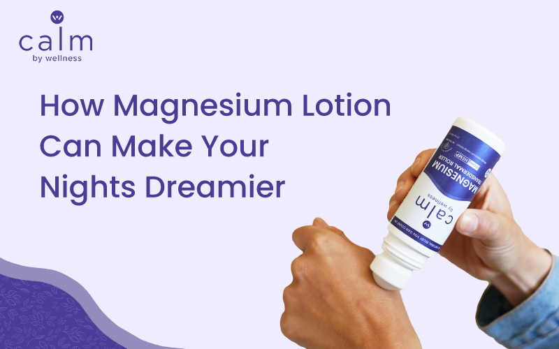 Hands applying magnesium lotion using a roller applicator for natural sleep support and pain relief.