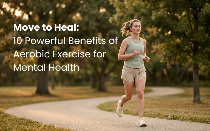 Woman running outdoors representing aerobic exercise for depression and anxiety