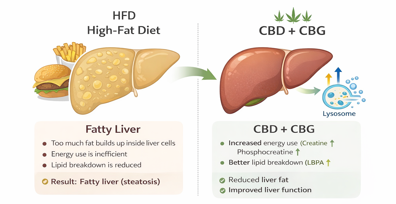 CBD for fatty liver disease infographic showing fatty liver from high-fat diet compared to improved liver function after CBD and CBG support