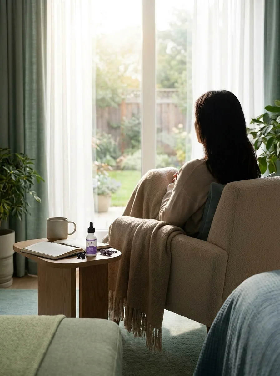 Mental Health Awareness Month 2026 self-care scene showing a calm wellness routine with journaling, tea, and Calm by Wellness CBD oil in a peaceful home setting