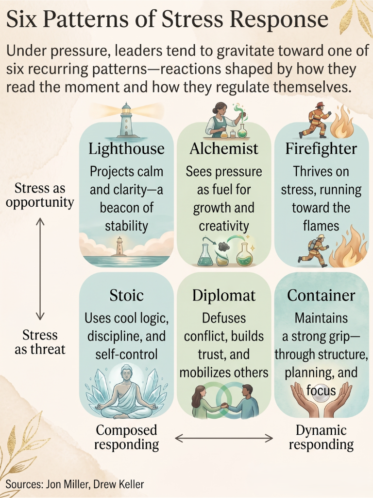Infographic illustrating six patterns of leader reactions to leadership stress, categorized by how they read the moment and regulate themselves.