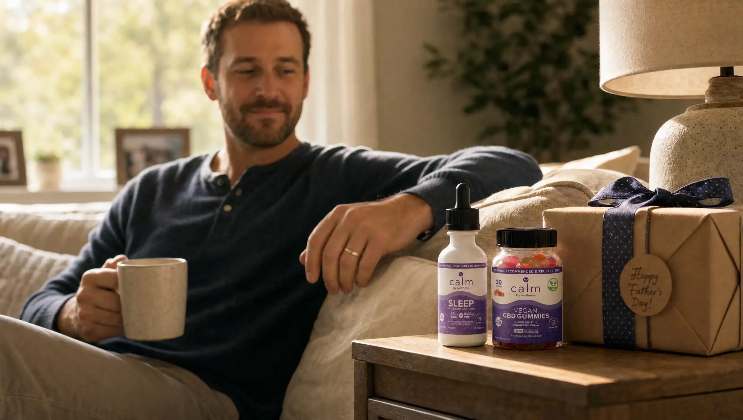 A relaxed dad enjoying a calm morning beside naturally placed Calm by Wellness CBD products, a thoughtful CBD for dads Father's Day gift.